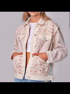 BlankNYC Full Bloom Floral Patchwork Denim Jacket - Cream Pink